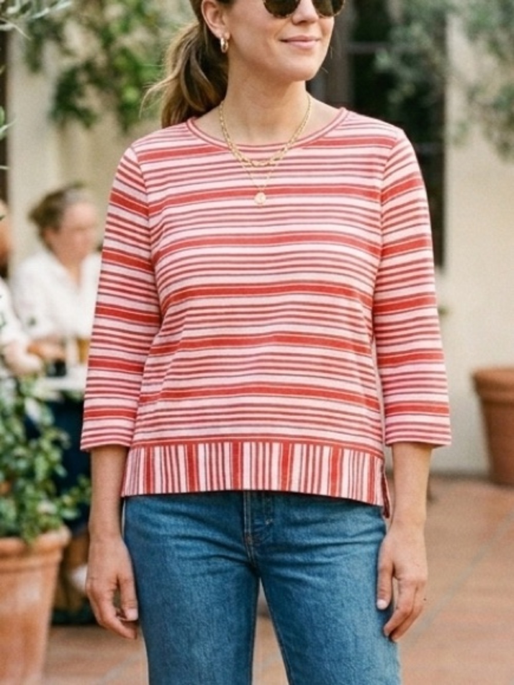 Talbots 3/4 Boxy 100% Cotton Red White Stripe Tee T-Shirt XL